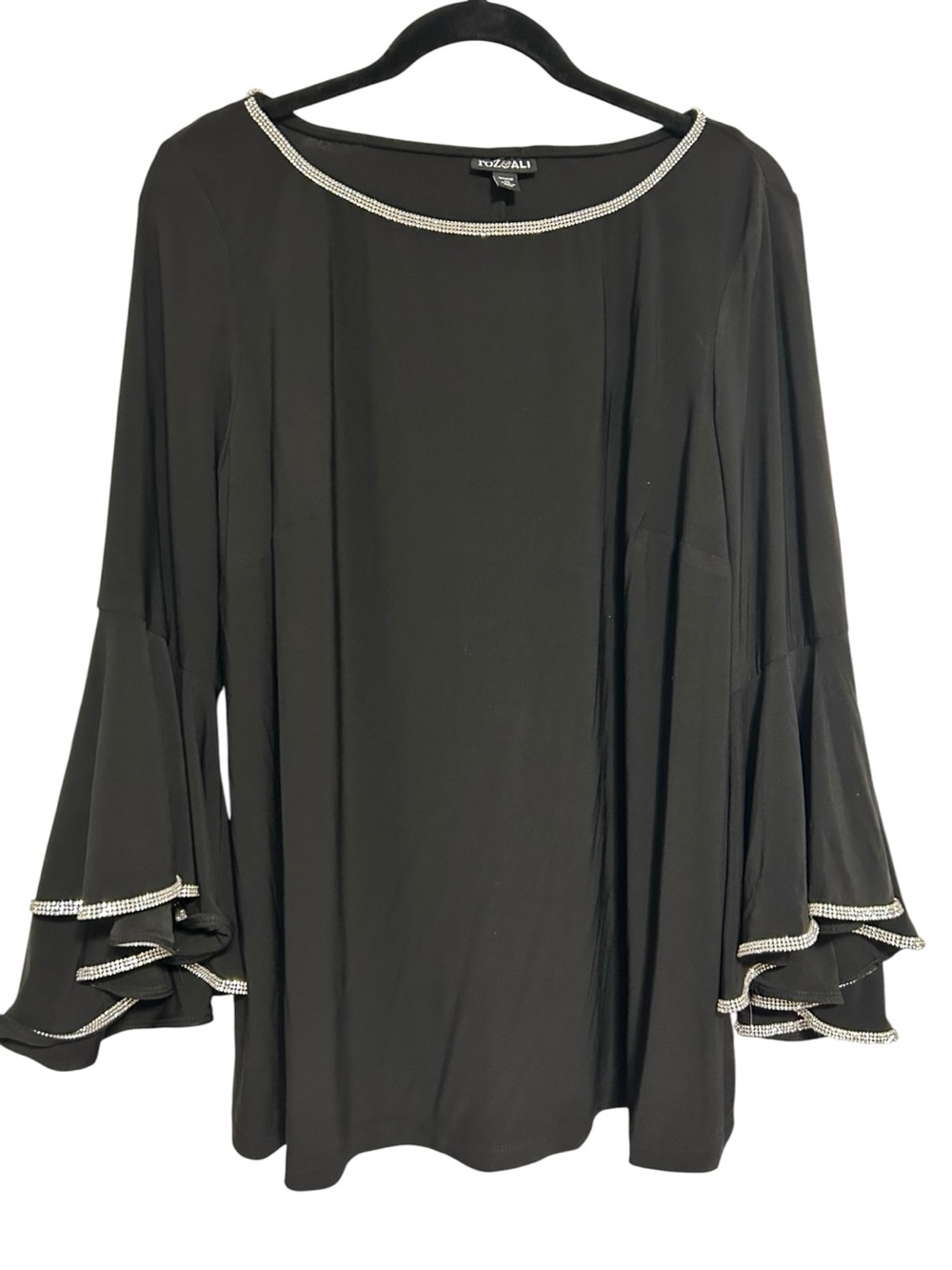 Roz & Ali NWT Black Rhinestone Trim Blouse 3/4 Tiered Bell Sleeve Plus 1X